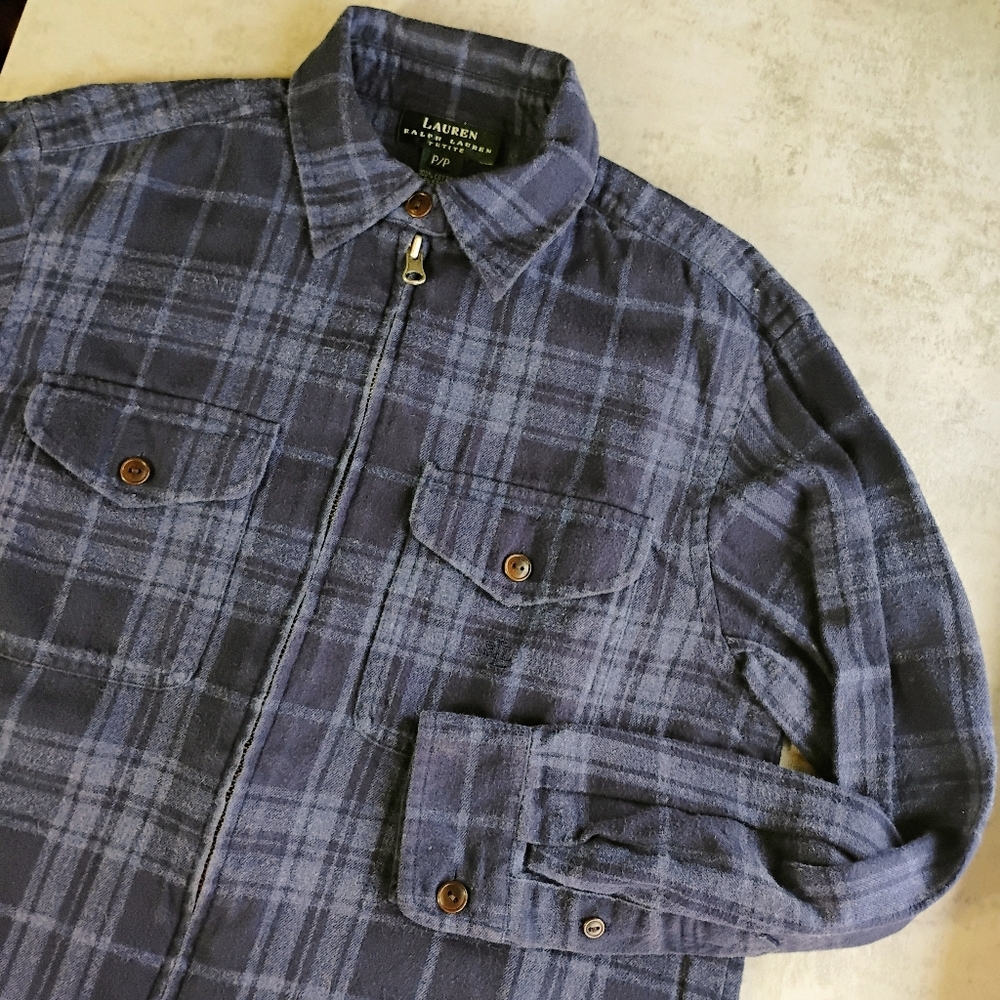 Lauren Ralph Lauren Plaid Full Zip Flannel Jacket Petite Small Blue Camp Classic